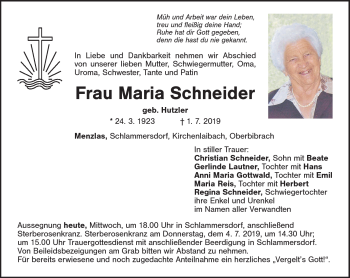 Anzeige von Maria Schneider von Nordbayerischer Kurier