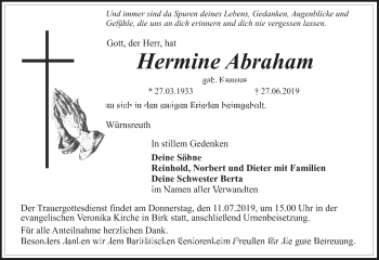 Anzeige von Hermine Abraham von Nordbayerischer Kurier