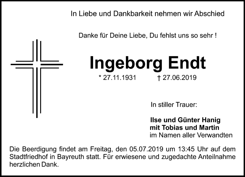  Traueranzeige für Ingeborg Endt vom 01.07.2019 aus Nordbayerischer Kurier