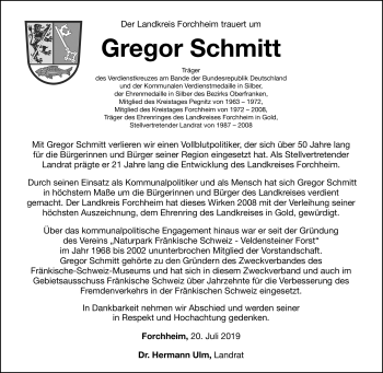 Anzeige von Gregor Schmitt von Nordbayerischer Kurier