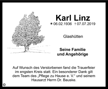 Anzeige von Karl Linz von Nordbayerischer Kurier