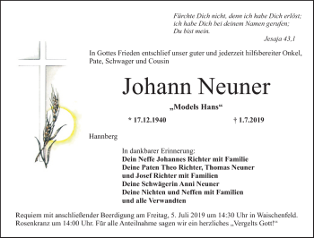 Anzeige von Johann Neuner von Nordbayerischer Kurier
