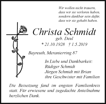 Anzeige von Christa Schmidt von Nordbayerischer Kurier