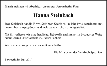 Anzeige von Hanna Steinbach von Nordbayerischer Kurier
