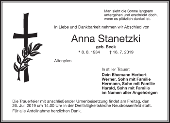 Anzeige von Anna Stanetzki von Nordbayerischer Kurier