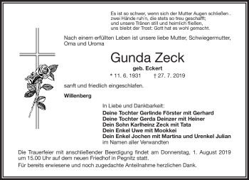 Anzeige von Gunda Zeck von Nordbayerischer Kurier