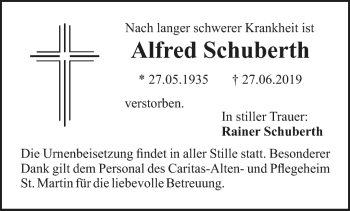 Anzeige von Alfred Schuberth von Nordbayerischer Kurier