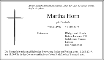 Anzeige von Martha Horn von Nordbayerischer Kurier