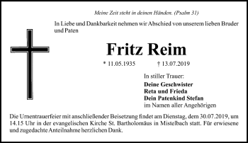 Anzeige von Fritz Reim von Nordbayerischer Kurier