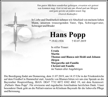 Anzeige von Hans Popp von Nordbayerischer Kurier