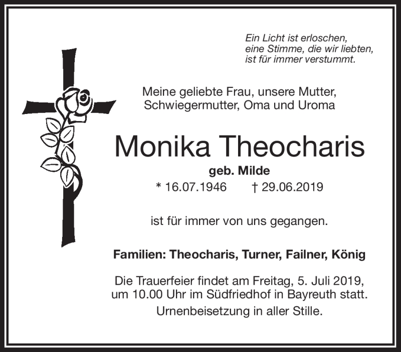  Traueranzeige für Monika Theocharis vom 04.07.2019 aus Nordbayerischer Kurier