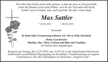 Anzeige von Max Sattler von Nordbayerischer Kurier