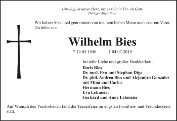 Anzeige von Wilhelm Bies von Nordbayerischer Kurier