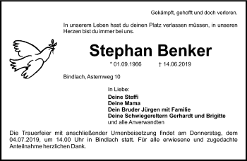 Anzeige von Stephan Benker von Nordbayerischer Kurier