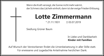 Anzeige von Lotte Zimmermann von Nordbayerischer Kurier