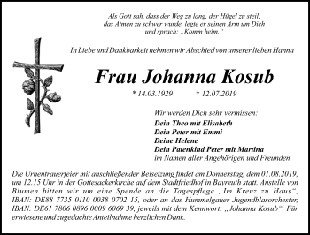 Anzeige von Johanna Kosub von Nordbayerischer Kurier