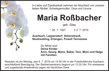 Anzeige von Maria Roßbacher von Nordbayerischer Kurier