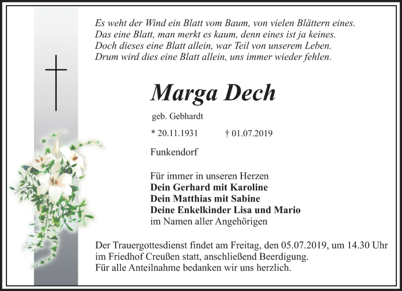  Traueranzeige für Marga Dech vom 03.07.2019 aus Nordbayerischer Kurier