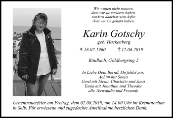 Anzeige von Karin Gotschy von Nordbayerischer Kurier