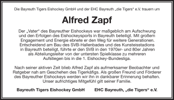 Anzeige von Alfred Zapf von Nordbayerischer Kurier