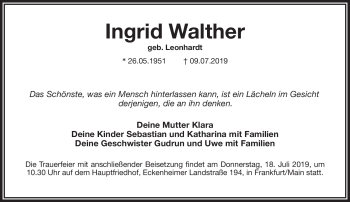 Anzeige von Ingrid Walther von Nordbayerischer Kurier