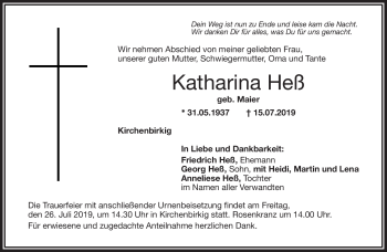 Anzeige von Katharina Heß von Nordbayerischer Kurier