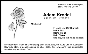 Anzeige von Adam Krodel von Nordbayerischer Kurier