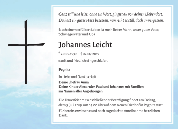 Anzeige von Johannes Leicht von Nordbayerischer Kurier