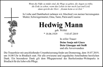 Anzeige von Hedwig Mann von Nordbayerischer Kurier