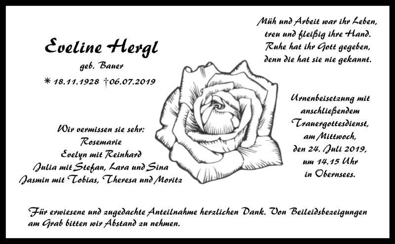  Traueranzeige für Eveline Hergl vom 20.07.2019 aus Nordbayerischer Kurier
