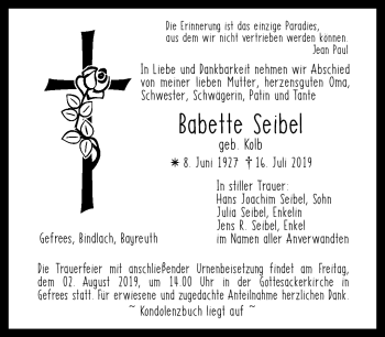 Anzeige von Babette Seibel von Nordbayerischer Kurier