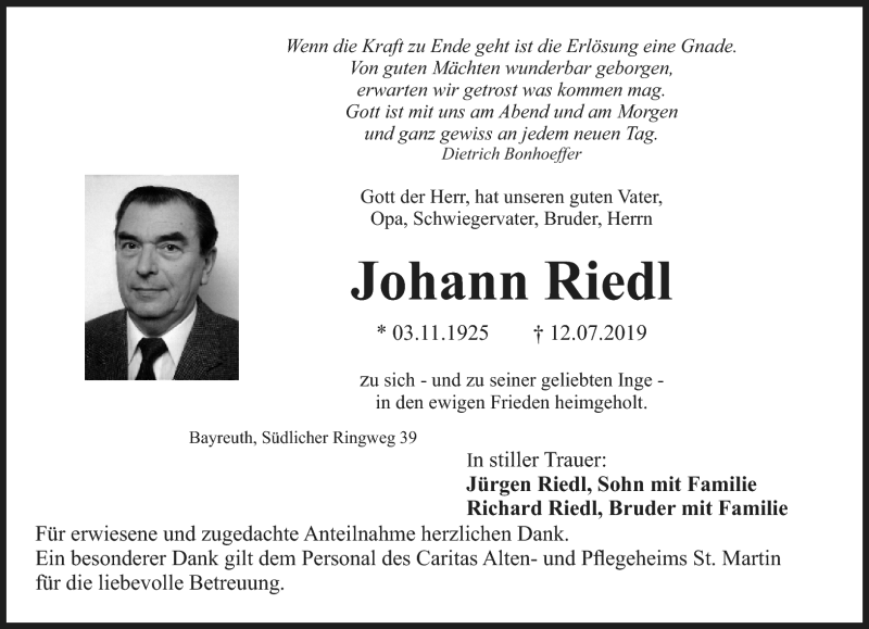  Traueranzeige für Johann Riedl vom 19.07.2019 aus Nordbayerischer Kurier