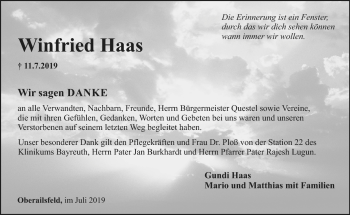 Anzeige von Winfried Haas von Nordbayerischer Kurier