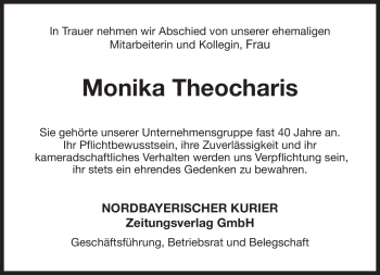 Anzeige von Monika Theocharis von Nordbayerischer Kurier