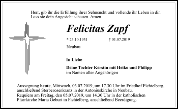 Anzeige von Felicitas Zapf von Nordbayerischer Kurier