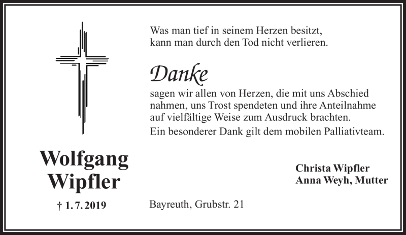  Traueranzeige für Wolfgang Wipfler vom 20.07.2019 aus Nordbayerischer Kurier