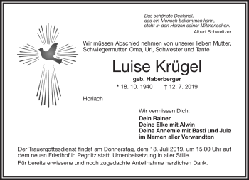Anzeige von Luise Krügel von Nordbayerischer Kurier