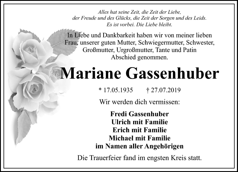  Traueranzeige für Mariane Gassenhuber vom 09.08.2019 aus Nordbayerischer Kurier