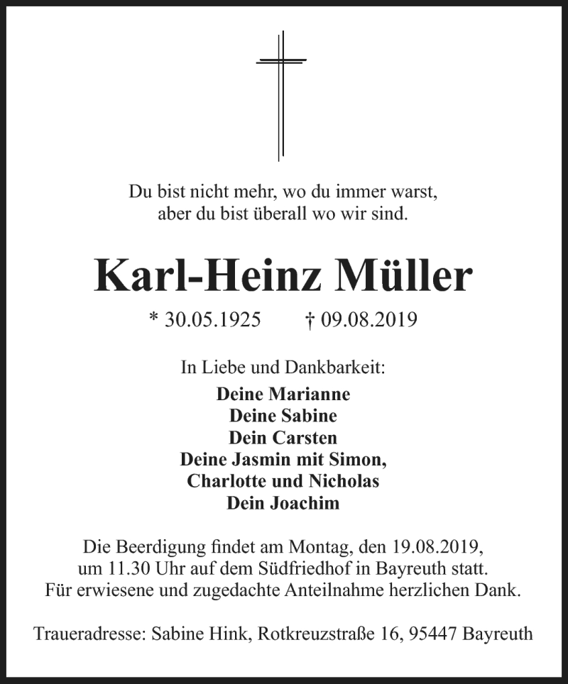  Traueranzeige für Karl-Heinz Müller vom 15.08.2019 aus Nordbayerischer Kurier