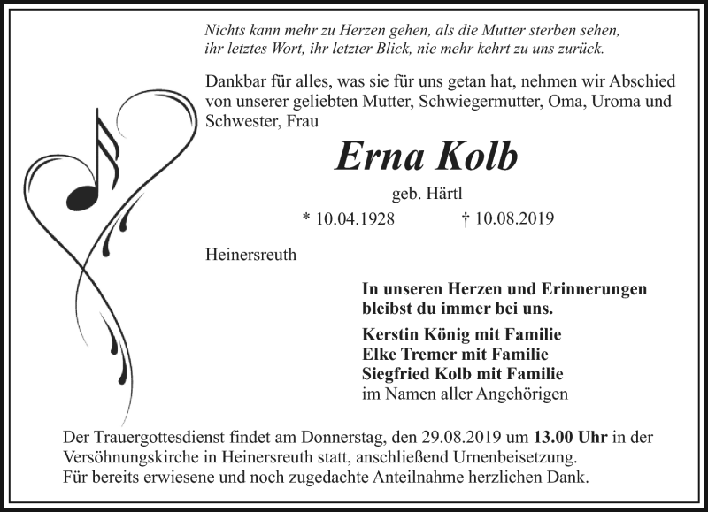  Traueranzeige für Erna Kolb vom 24.08.2019 aus Nordbayerischer Kurier