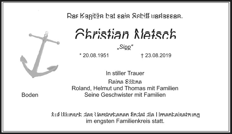  Traueranzeige für Christian Netsch vom 27.08.2019 aus Nordbayerischer Kurier