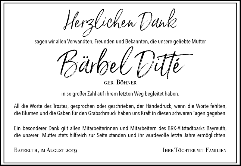  Traueranzeige für Bärbel Ditte vom 17.08.2019 aus Nordbayerischer Kurier