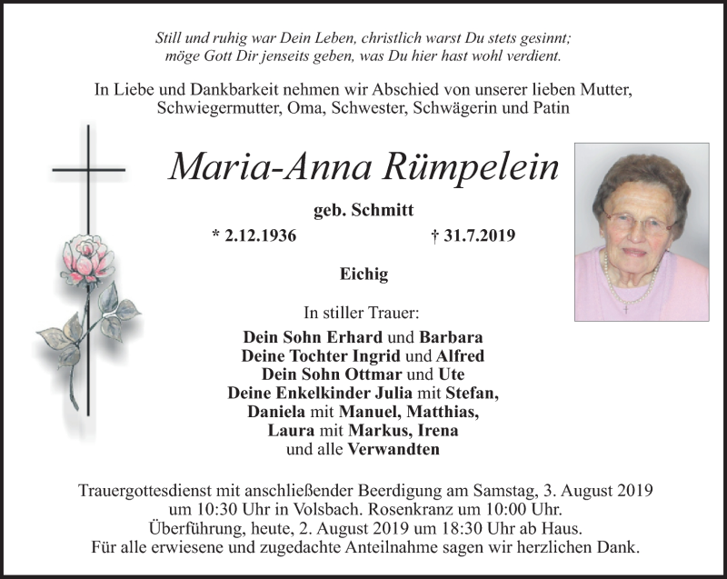  Traueranzeige für Maria-Anna Rümplein vom 02.08.2019 aus Nordbayerischer Kurier