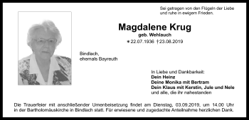 Anzeige von Magdalene Krug von Nordbayerischer Kurier