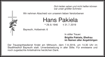 Anzeige von Hans Pakiela von Nordbayerischer Kurier
