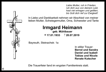 Anzeige von Irmgard Heimann von Nordbayerischer Kurier