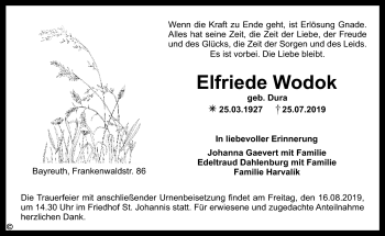 Anzeige von Elfriede Wodok von Nordbayerischer Kurier