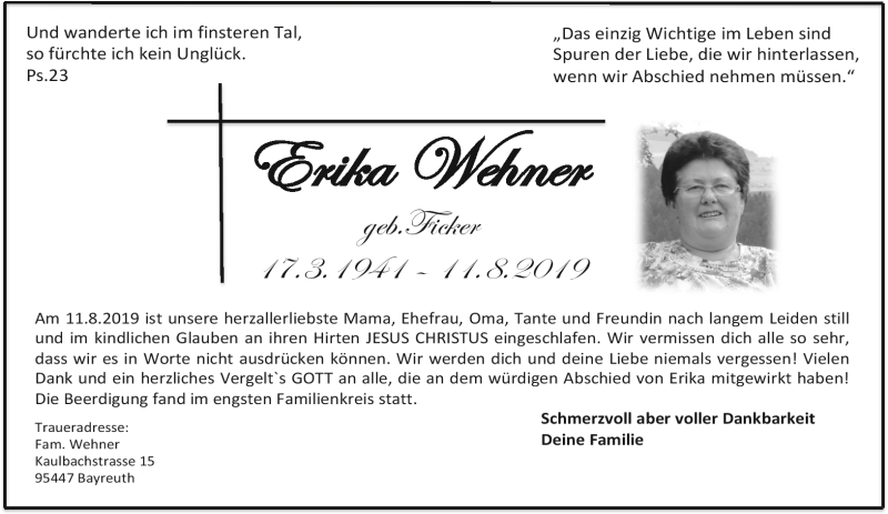  Traueranzeige für Erika Wehner vom 24.08.2019 aus Nordbayerischer Kurier