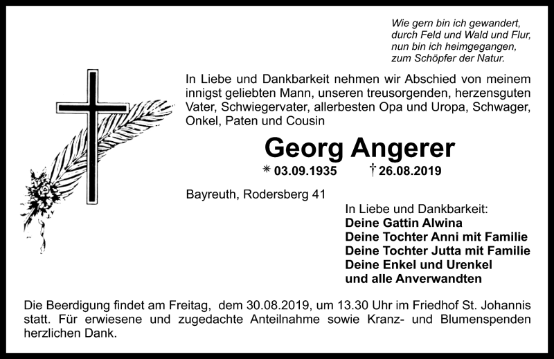  Traueranzeige für Georg Angerer vom 29.08.2019 aus Nordbayerischer Kurier