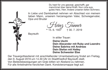 Anzeige von Heinz Tanner von Nordbayerischer Kurier